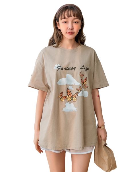 

dazy butterfly & letter graphic drop shoulder tee s5xy#, White