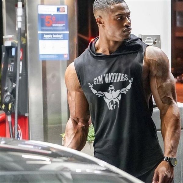

brand gym clothing mens bodybuilding hooded tank cotton sleeveless vest fitness sweatshirt workout sportswear male 220620, White;black
