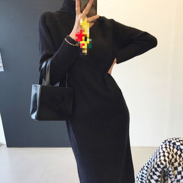

pit strip warm longsleeved knitted sweater dress women autumn and winter turtleneck inside outside wear woman 210506, Black;gray