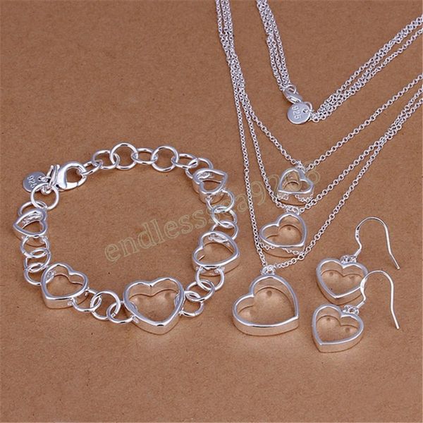 

silver color stamped 925 love heart bracelet necklace earrings jewelry set for women fashion party christmas gifts