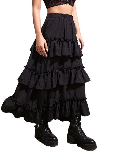 

romwe gothic grunge solid ruffle hem layered skirt 09lp#, Black