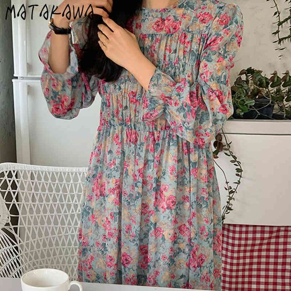 

chiffon flare sleeve long vestodo korea chic spring retro round neck woman dress wrinkled small floral femme robe 210506, Black;gray