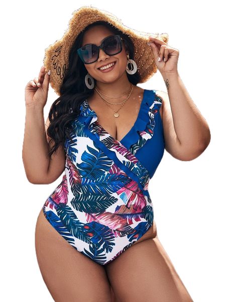 

plus tropical print ruffle trim one piece swimsuit u2k7#, White;black