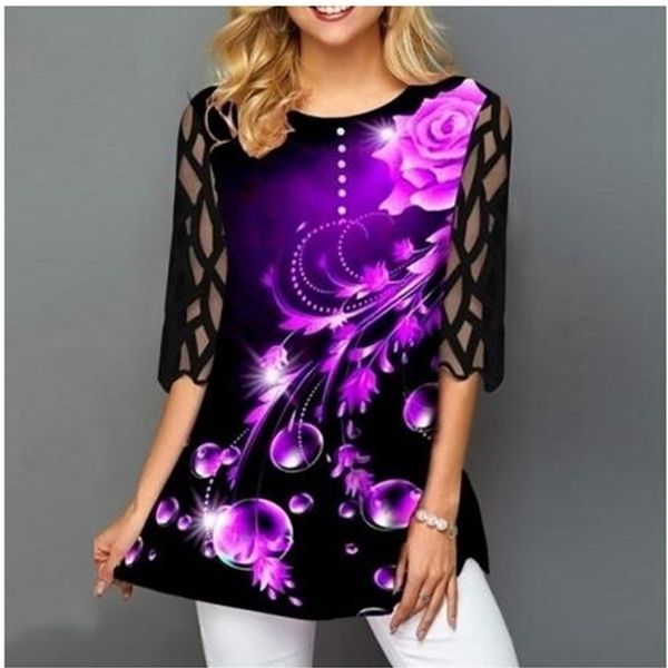 

plus size 4xl 5xl shirt blouse female spring summer o-neck half sleeve lace splice print boho women shirt 210302, White