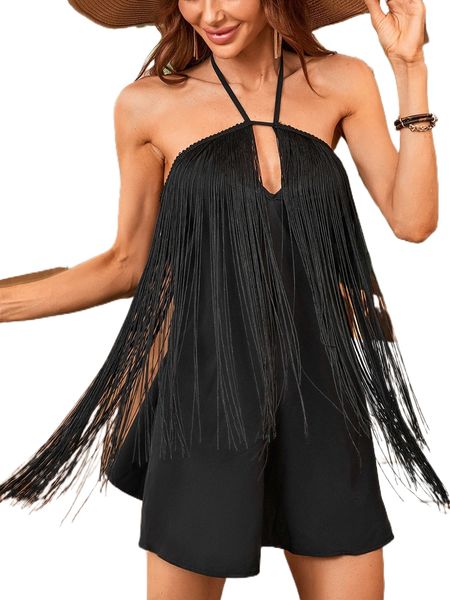 

fringe trim cut out front halter neck backless dress c86z#, Black;gray