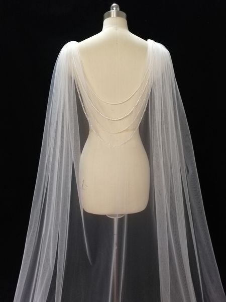 

2022 new tulle bridal wraps ivory bolero for wedding cape with pearls, White