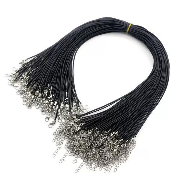 Colares de corrente preta Fio de corda de cera de cordão de couro de 1,5 mm para joias pendentes de brindes DIY Fazendo acessórios de acessórios com fecho de lagosta 45cm+5cm por atacado