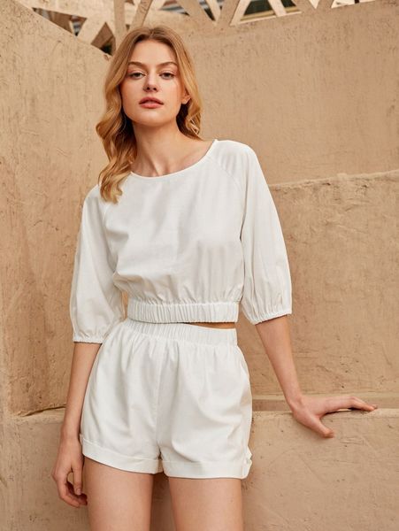 

solid raglan sleeve blouse z3ja#, White