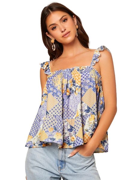 

p.atchwork print s.hirred r.uffle trim t.op d3cv#, White