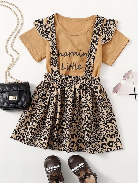 

toddler girls letter graphic tee with leopard pinafore skirt she, White