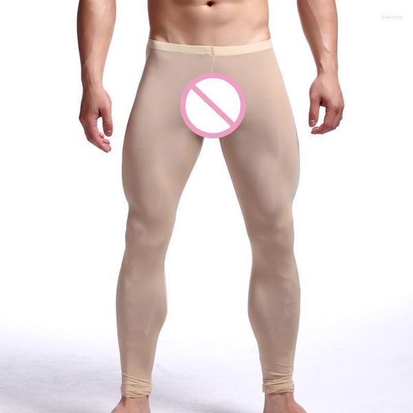 Мужские штаны Мужские ультратонкие леггинсы с высокой эластичностью Тонкие шелковые полупрозрачные дома, предоставляя длинные Джонс U мешок для пакета Sexymen's Drak22