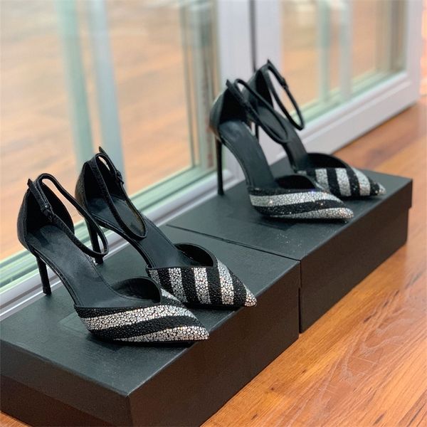 

30% off 2022 slippers stiletto catwalk women spring summer genuine leather sandals crystal evening heels designer shoes chaussure femme, Black