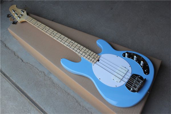 

blue body 4-strings electric bass guitar with maple neck,white pickguard chrome hardware,offer customized.