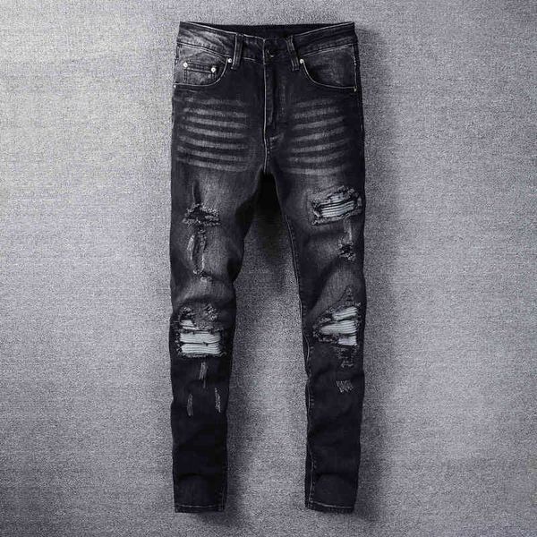 

men's jeans fashionable jeans men's torn patch elastic slim fit small feet versatile casual black pkm5, Blue