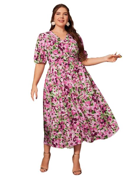

plus allover floral print puff sleeve ruched dress z8wx#, Black