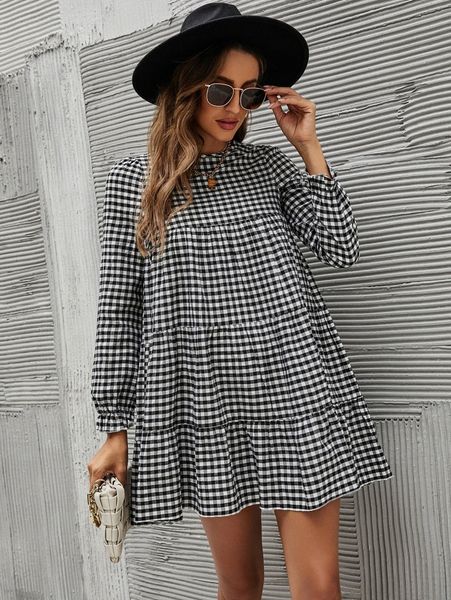 

gingham print flounce sleeve ruffle hem smock dress k9fj#, Black;gray