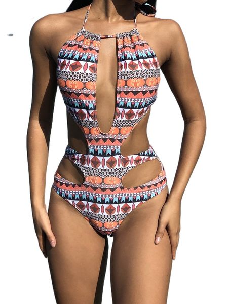 

allover print cut-out one shoulder one piece swimsuit 49uk#, White;black