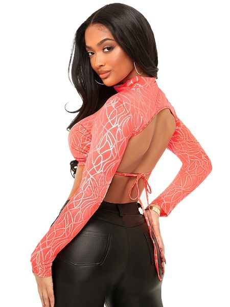 

sxy allover print mock neck tied backless crop b2ob#, White