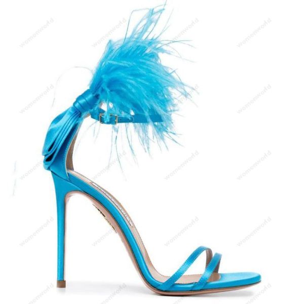 

designers aquazzura dress shoes womens stiletto heel sandals satin rhinestone embellished electric blue jade green concerto feather bow sand, Black