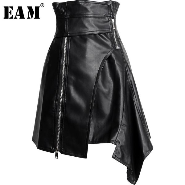 

eam new spring summer pu leather high waist sashes spliced irregular halfbody temperament skirt women fashion jy506 y200326, Black