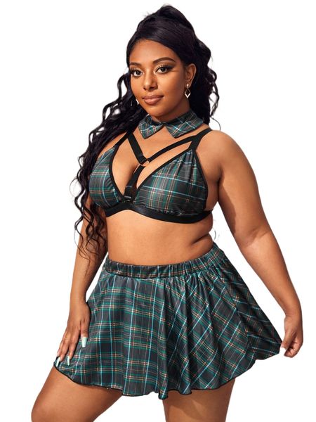 

plus 4pack plaid o-ring cut out v-string school girl costume set j3xj#, Black;white