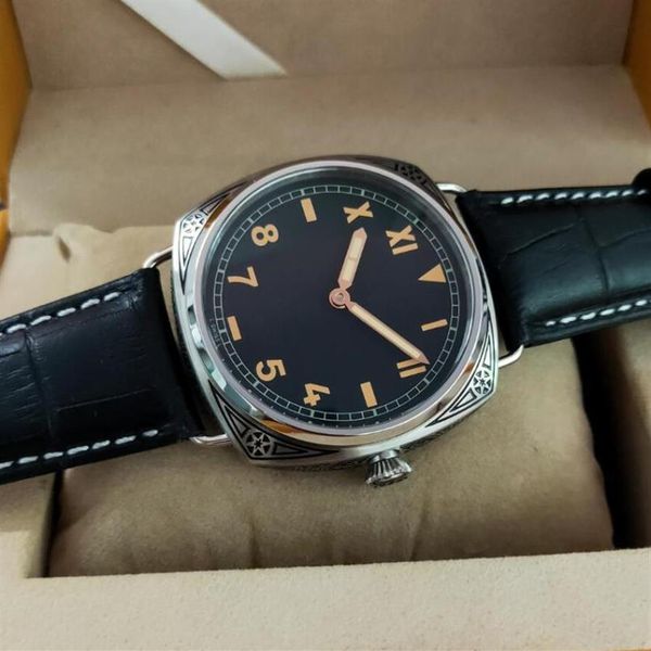 

no logo 47mm 316l stainless steel engraved case manual mechanical men's watch black california dial st3600 movement wristwatc260a, Slivery;brown