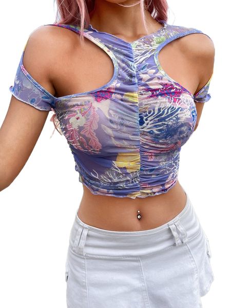 

seaweed print cold shoulder crop 33as#, White