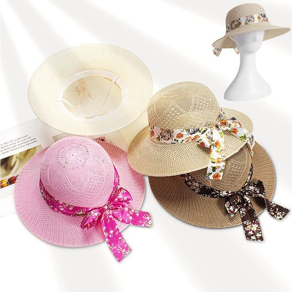 

summer women raffia straw hat bowknot sunscreen wide brim sun hats outdoor beach cap flat hats for adult, Yellow