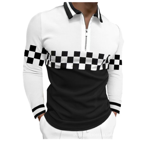 

new trendy 3d stripe grid print polos t-shirts for men slim fit zipper lapel designer long sleeve loose casual polo shirts t004, White;black