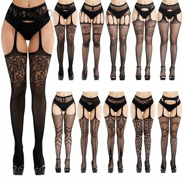 

erotic stockings with garter belt for women fishnet pantyhose plus size thigh high socks lingerie 220613, Red;black