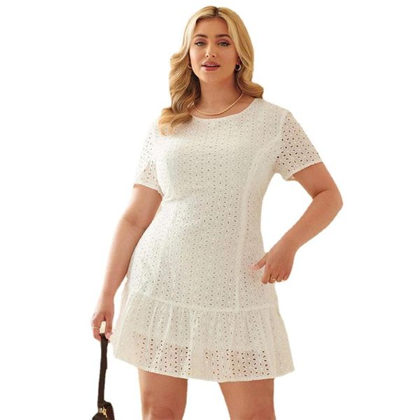

plus size dresses 2022 summer big casual dress women o neck short sleeve hollow out white ruffles mini clothing, Black