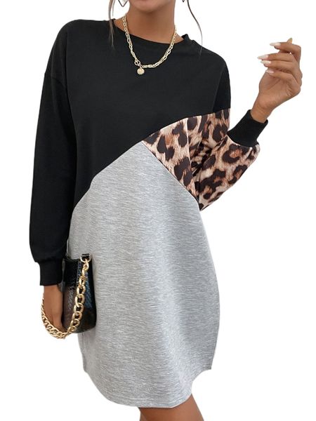

contrast leopard color block sweatshirt dress u0yy#, Black