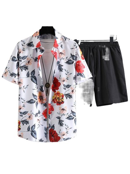 

men floral print shirt & drawstring waist shorts without tee a0jg#, Gray