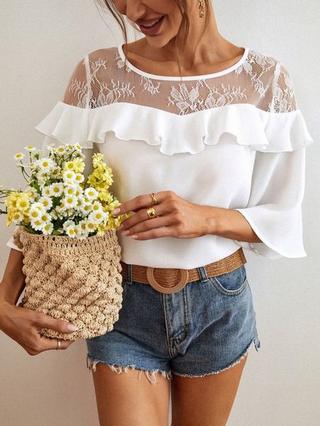 

contrast lace ruffle trim blouse u6mf#, White