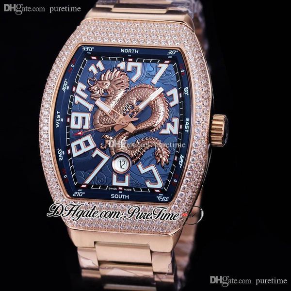 Vanguard V45 3D Silver Dragon King Orologio automatico da uomo in oro rosa con diamanti lunetta quadrante blu Grandi indici bianchi con bracciale in acciaio inossidabile Orologi Puretime E242h8