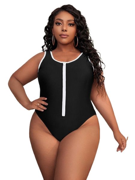 

plus zip front one piece swimsuit x71n#, White;black