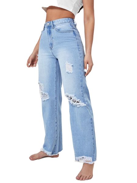 

high waist ripped straight leg jeans 461l#, Blue