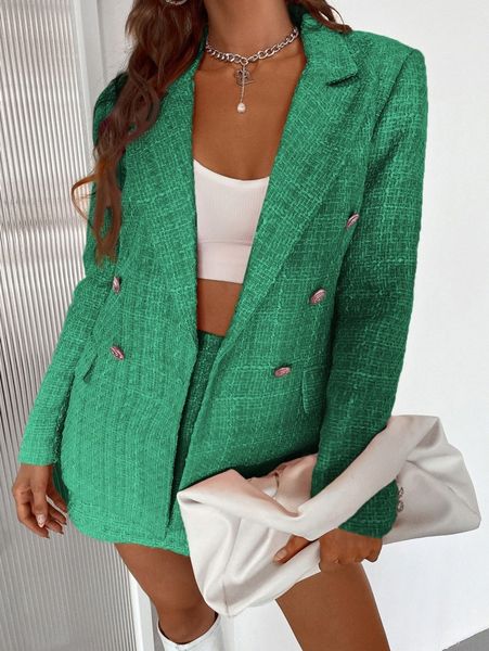 

1pc double button tweed blazer l6ej#, White