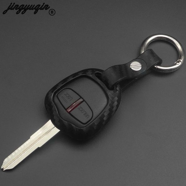 

jingyuqin carbon fiber silicone car key case fob cover for mitsubishi outlander asx colt lancer grandis pajero sport keychain