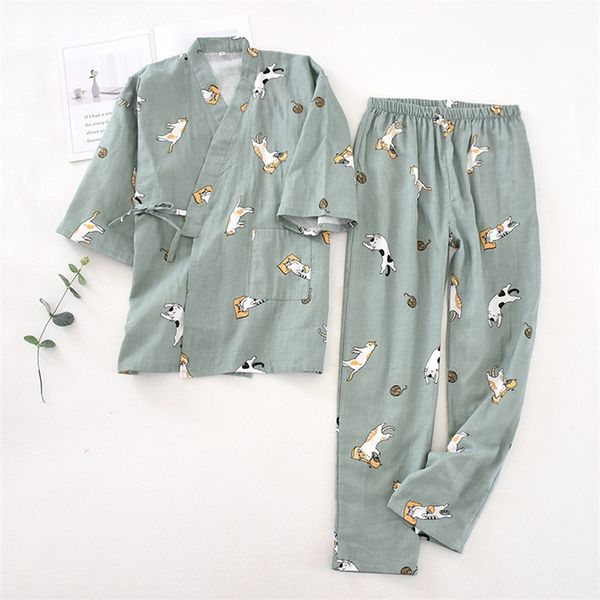 Siebenärmliges Kimono-Pyjama-Set im japanischen Stil für Damen, Frühling und Herbst, 100 % Baumwollgaze, Heimkleidung, süß, süß, zweiteilig, 220329