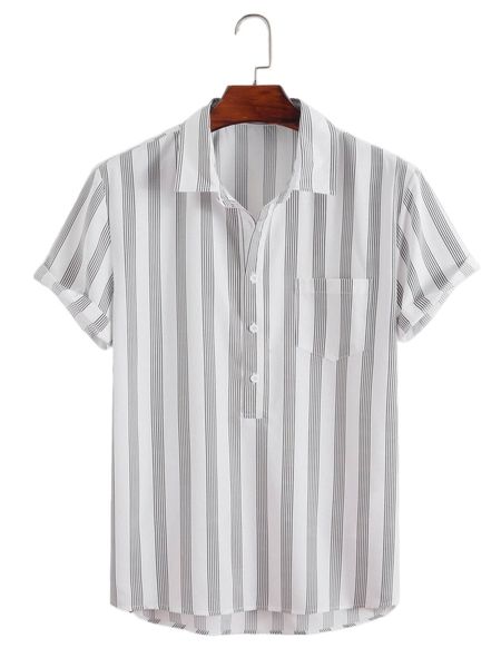 

men vertical striped patched pocket half button shirt o6s5#, White;black