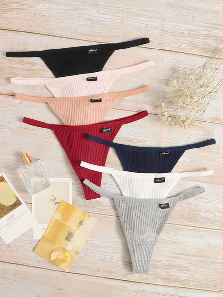 

7pack plain rib thong panty set 42hu#, Black;red