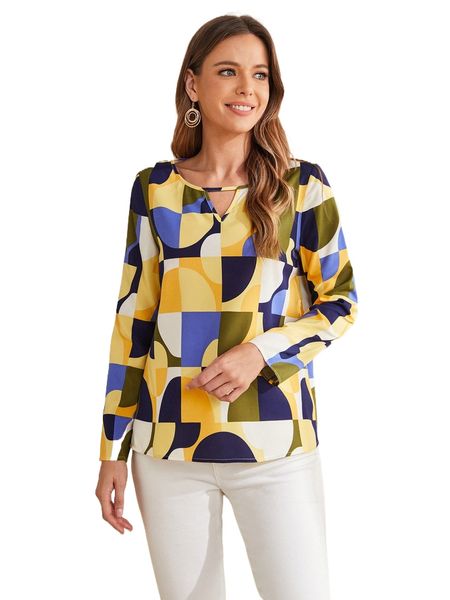 

emery rose geo print keyhole neck blouse u61h#, White