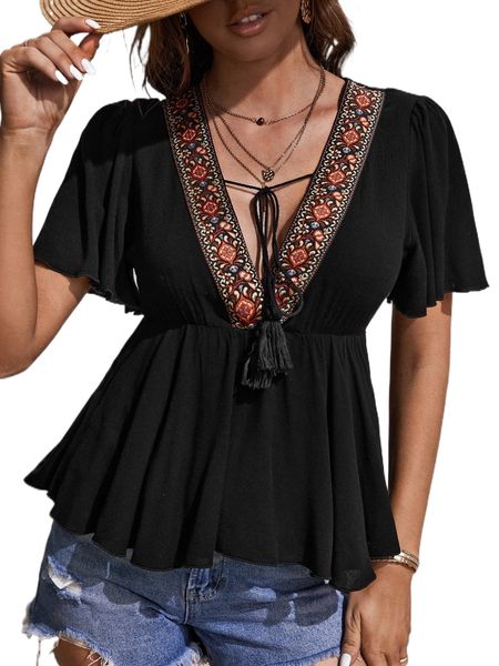 

floral embroidery tie front button front peplum 53af#, White