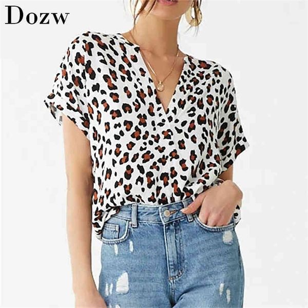 Şifon Bluz Yaz Kadın Batwing Kısa Kollu Bluz Leopar Baskı Rahat Gevşek Tops Tunik Artı Boyutu Kimyasal Femme Blusas 210414