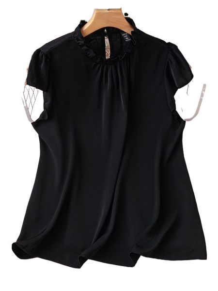 

plus solid frill neck blouse x3hs#, Black