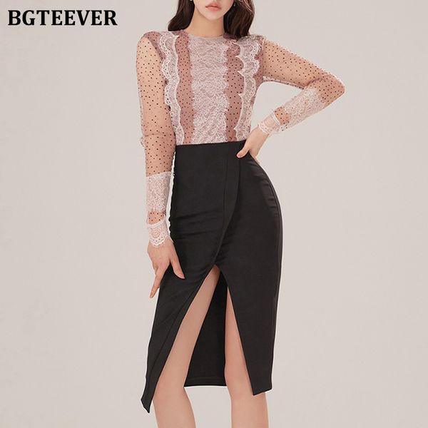 

spring women 2 pieces skirt set full sleeve polka dots lace &amp high waist skinny split pencil skirts 2022, White