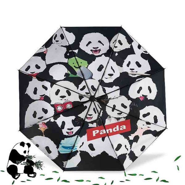 Neue drei faltbare tragbare süße Panda Illustration Regenschirm Regen Frauen Sonnenschirm Männer Kinder Parapluie sonnig/regnerischen Sonnenschirm 210401