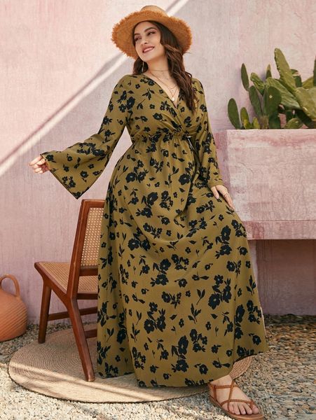 

plus floral print paperbag waist maxi dress f9fy#, Black