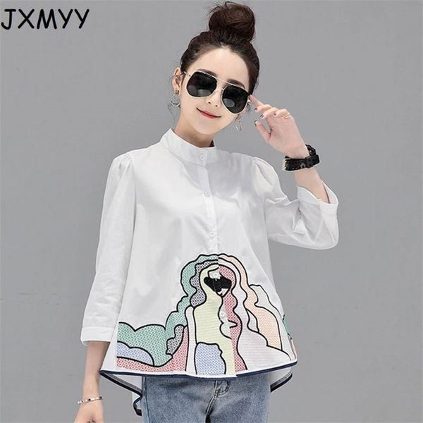 

spring summer embroidery print blouses women casual three quarter sleeve fashion blouse shirt for women jxmyy 210412, White